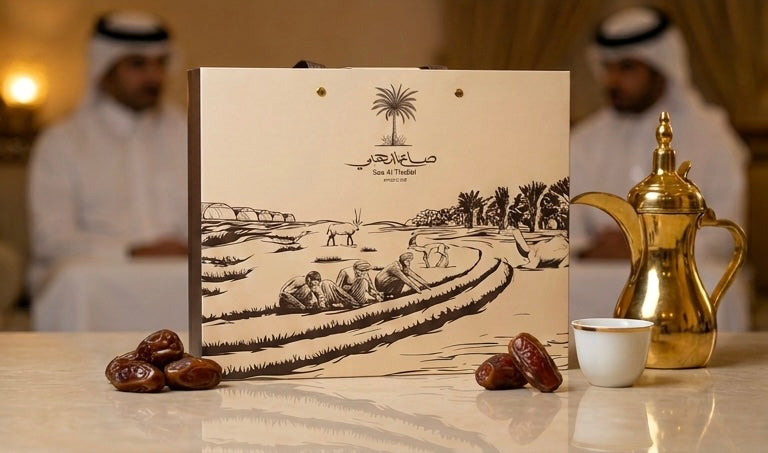 كيس هدايا صاع الذهبي مع التمور والقهوة العربية في مجلس قطري